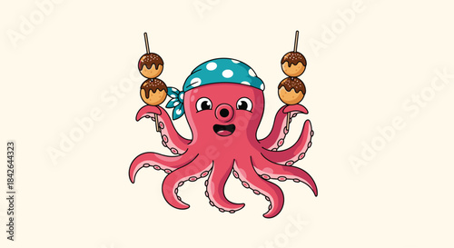 Cute cartoon octopus street vendor wearing a bandana and happily selling takoyaki on skewers, representing Japanese street food.