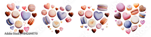 Rows of watercolor style hearts forming with various macarons, chocolates, and heart candies, creating sweet love concepts for valentine's day celebrations