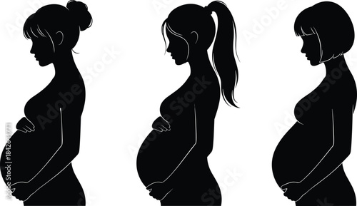 Silhouette illustration of pregnant women standing in profile, maternity concept showcasing diverse hairstyles, motherhood stages, expecting mothers, prenatal beauty