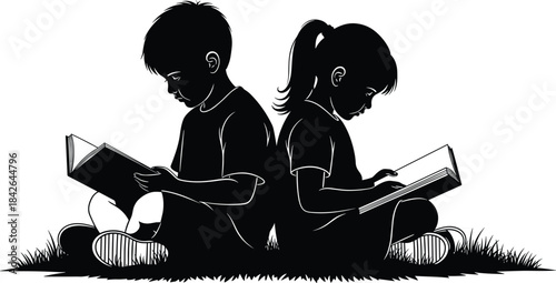Silhouette of boy and girl reading books outdoors, children studying together in grass, education, learning, childhood imagination, peaceful illustration