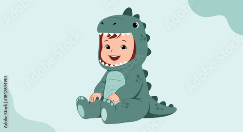Charming illustration of a happy baby sitting contentedly while wearing a green dinosaur costume, set against a soft pastel background.