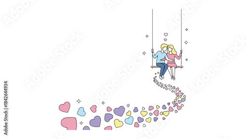 Joyful Swing: A pair of lovers enjoy a romantic swing ride, surrounded by a cascade of heart-shaped tokens, symbolizing the tender embrace of love.