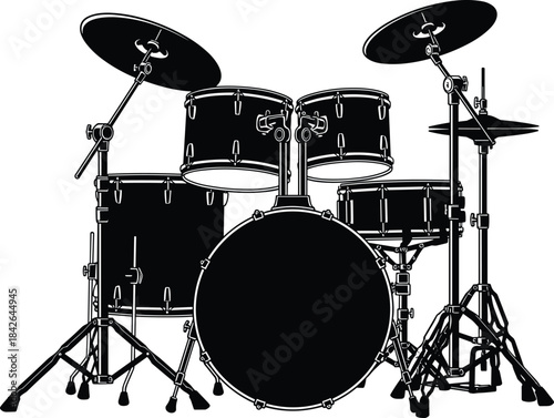 Silhouette of full drum kit including bass drum, snare, toms, cymbals, hi-hat and stands in detailed black musical instrument illustration