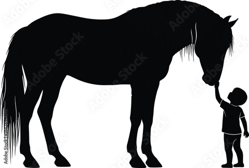Silhouette of child gently touching a horse, symbolizing friendship, trust, animal care, farm life, outdoor bonding, and heartwarming connection