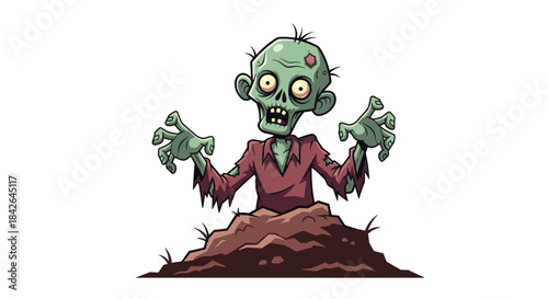 Spooky cartoon zombie with wide eyes and a gaping mouth, crawling out of the ground from its grave for a Halloween scare.