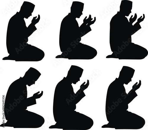 Silhouette of man praying in Islamic worship, kneeling prayer poses, religious devotion illustration, Muslim supplication vector set, spiritual artwork