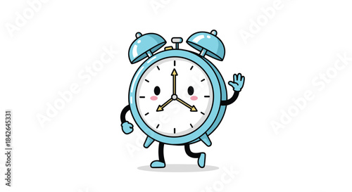 Cute cartoon alarm clock character with a friendly face, walking and waving hello in a cheerful and welcoming gesture for morning.