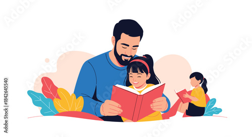 Loving father and his two happy daughters spending quality time together reading books, surrounded by colorful abstract plant shapes.