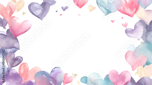 Watercolor hearts forming a soft pastel border around a central white copy space, perfect for romantic themes, love messages, valentine's day designs, or wedding invitations