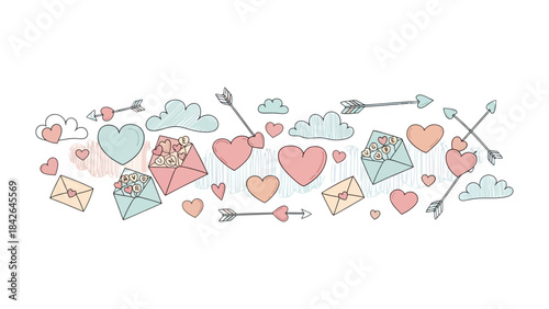 Valentine's Day Elements: Charming illustrations of hearts, envelopes, clouds and arrows dance across the image, embodying love and affection in a whimsical design.