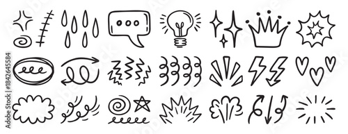 Set of random doodle sketch elements, decorative hand drawn icons for creative design