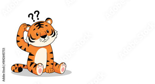 Confused cartoon tiger cub sitting and scratching its head with question marks floating above, looking puzzled on a white background.