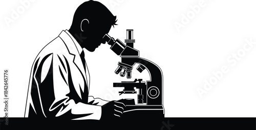 Silhouette of scientist working with laboratory microscope, detailed research equipment illustration showing lab coat figure studying samples in science environment