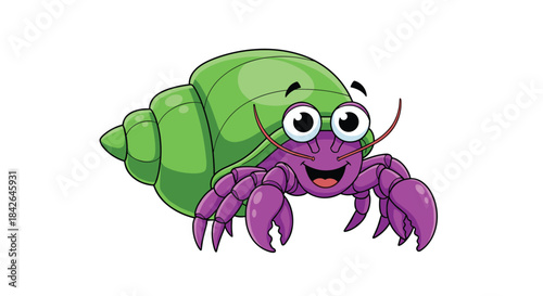 Vibrant cartoon of a happy purple hermit crab with big eyes, smiling from inside its bright green spiral shell on a white background.