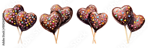 Heart shaped chocolate lollipops with colorful sprinkles in expressive watercolor style, symbolizing love and celebration for valentines, anniversaries, and special occasions