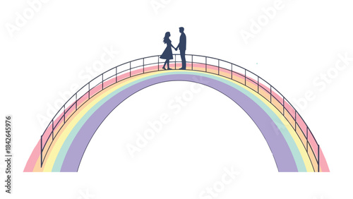 Silhouette of Love on a Rainbow Bridge: A romantic silhouette of a couple holding hands stands on a bridge resembling a rainbow, symbolizing the journey of love, hope.