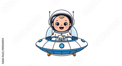 An adorable cartoon baby astronaut wearing a full spacesuit and helmet smiles happily while riding in a personal UFO spaceship.