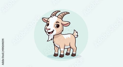 A friendly and cute cartoon goat with a small beard smiles happily, depicted in a simple, charming style on a light background.