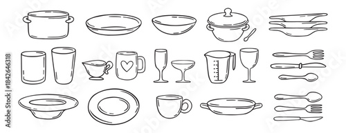 dishes dinnerware doodle hand drawn icon set. Plate, glass and cup, mug, bowl. Outline drawing tableware for kitchen line clipart symbol collection