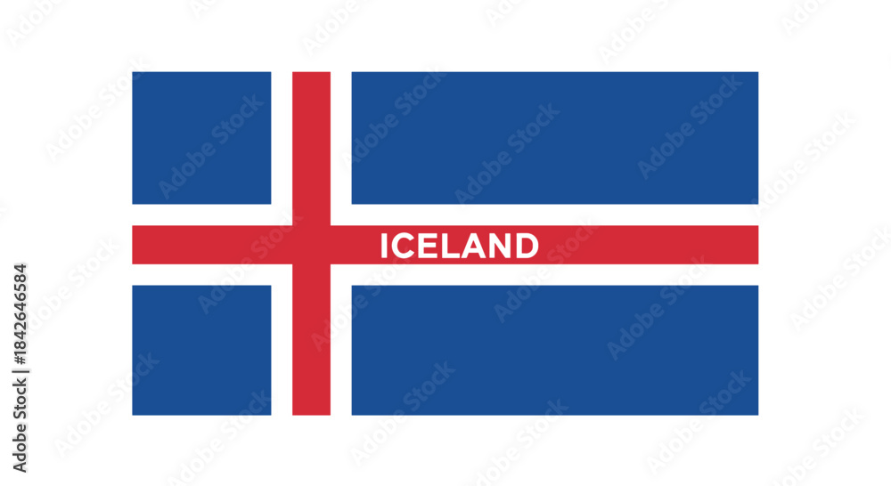 Fototapeta premium The national flag of Iceland with a red Scandinavian cross on a blue field, featuring the country's name printed in the center.