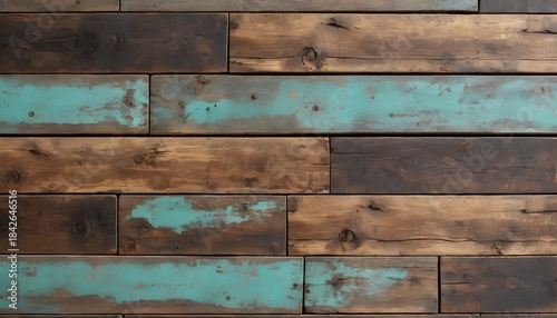 Weathered wooden planks with a rustic finish, showcasing a blend of natural wood grain and distressed turquoise paint textures for a vintage aesthetic