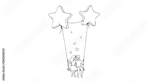Dreamy Rendezvous: A tender sketch depicts a loving couple, bathed in a celestial glow of floating stars and hearts, sharing a private moment on a swing. 