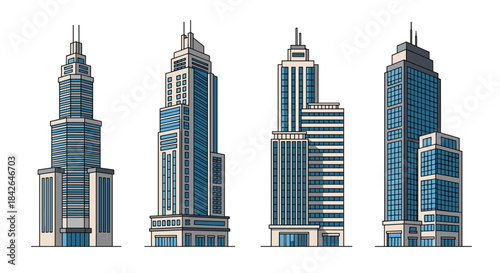 Set of four detailed cartoon illustrations of modern skyscrapers and high-rise office buildings, representing city architecture.