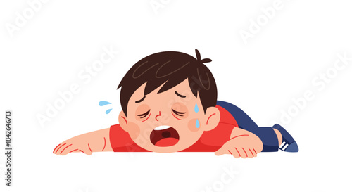 An exhausted and sweaty young boy in a red shirt lies on the floor with his mouth open, looking completely drained and tired.