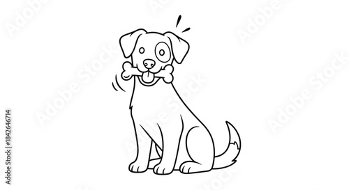 A simple black and white outline of a happy dog sitting patiently while holding a large cartoon bone in its mouth for coloring.