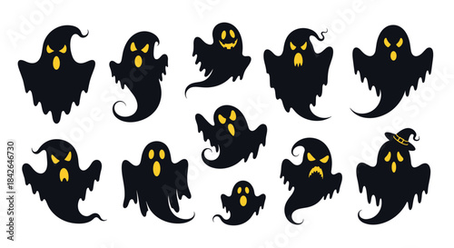 A collection of twelve spooky black ghost silhouettes with glowing yellow eyes in various eerie and playful flying poses.