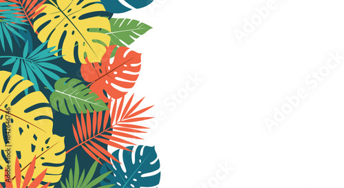 Vibrant summer background with a border of colorful tropical leaves like monstera and palm, with copy space for text.