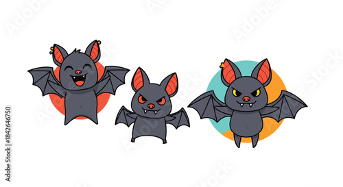 Set of three cute cartoon bat characters with different expressions, including happy, angry, and mischievous for Halloween fun.