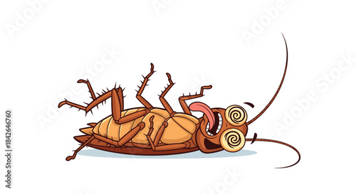 A defeated cartoon cockroach lies on its back with dizzy spiral eyes and its tongue sticking out, symbolizing pest control success.