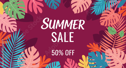 Summer sale banner with a fifty percent discount, framed by a vibrant and colorful border of tropical palm and monstera leaves.
