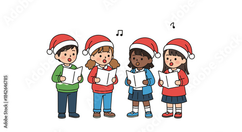 A diverse group of four adorable children wearing Santa hats and winter clothes, singing Christmas carols together from songbooks.