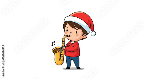 A cute cartoon boy wearing a festive Santa hat and a red sweater joyfully playing Christmas carols on his golden saxophone.