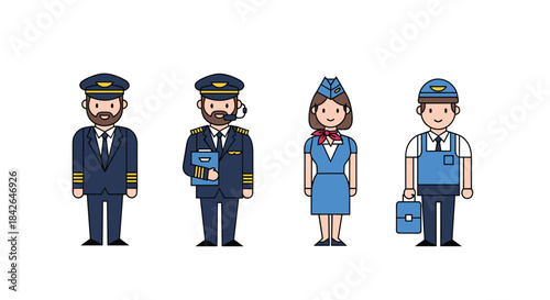 A set of airline staff characters in uniform, including a pilot, co-pilot, flight attendant, and ground crew member for aviation concepts.