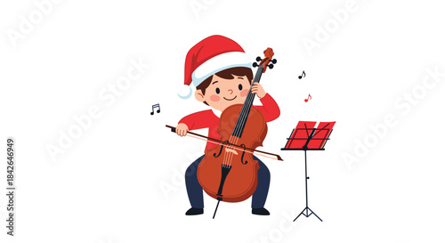 An adorable cartoon boy wearing a Santa hat plays festive music on a cello, with a music stand, for a Christmas performance.