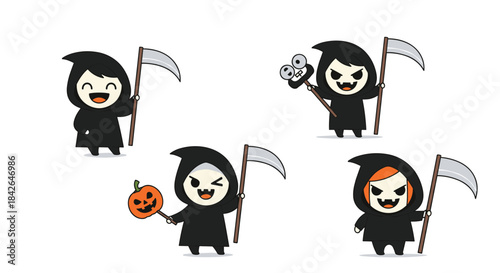 A collection of four cute and kawaii-style cartoon grim reaper characters with different spooky and happy expressions for Halloween.