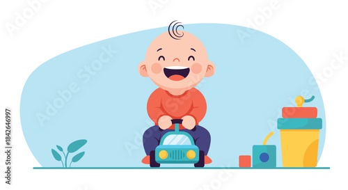 A joyful cartoon baby boy with a big, happy laugh rides on a small blue push car toy alongside some colorful building blocks.