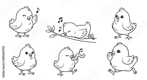 A set of six adorable hand-drawn chick outlines for a coloring book, showing the baby bird singing, sleeping, and eating.
