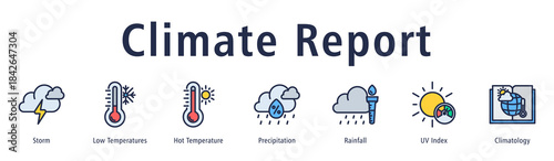 Climate Report web banner icon vector illustration with icons of Storm, Low Temperatures, Hot Temperature, Precipitation, Rainfall, UV Index, and Climatology.