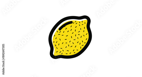 A fun and quirky pop art illustration of a bright yellow lemon with a thick black outline and abstract seed texture.