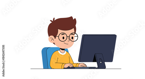 A smart young boy with glasses sits at his desk and smiles while working or learning on his personal computer at home.