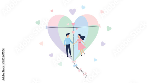 Kite of Love: A couple holds hands, soaring on a heart-shaped kite, a symbol of love's ascent and the joy of shared journeys, surrounded by floating hearts.