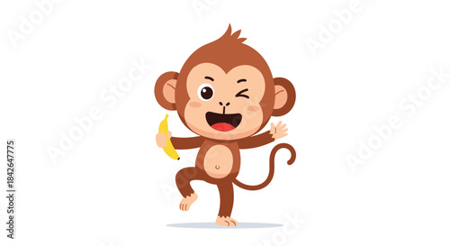A playful and cute cartoon monkey winks at the camera while holding a yellow banana and standing happily on one leg.
