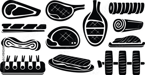 Meat Cuts and Deli Products Silhouette Icon Set