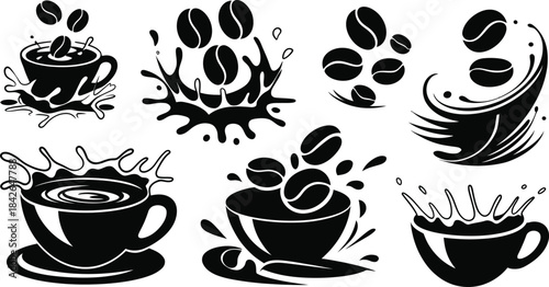 Coffee splash, cup and beans silhouette vector icon set