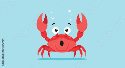 A bright red cartoon crab is shown with a surprised expression, wide eyes, an open mouth, and its claws raised in the air.