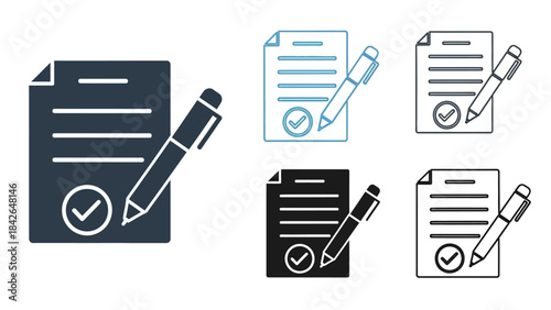 Document and Pen with Checkmark Icon Set for Business Agreements, Legal Contracts, and Digital Approvals